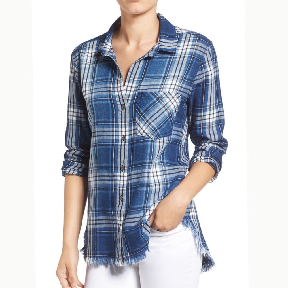 Long Sleeve Plaid Fringed Ladies Shirt.